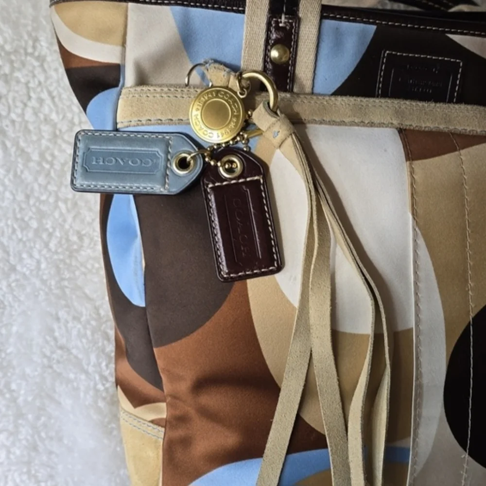 Coach Hamptons OP ART Scarf Print, Suede And Leather Tote CO6M - 10116 Vintage - Picture 4 of 13